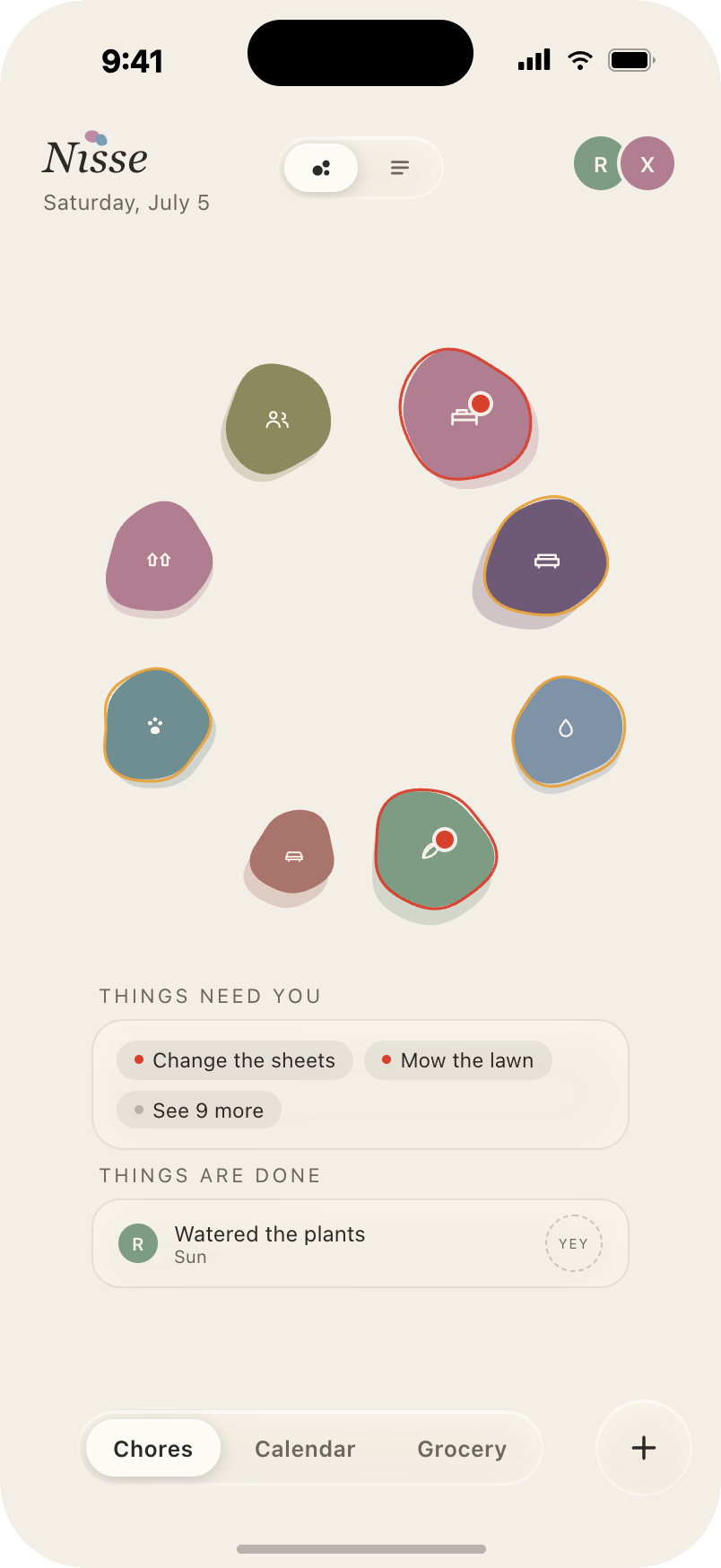 Nisse home screen in blob view: eight zone blobs sized by load, with the quiet read below of things that need you and things that are done