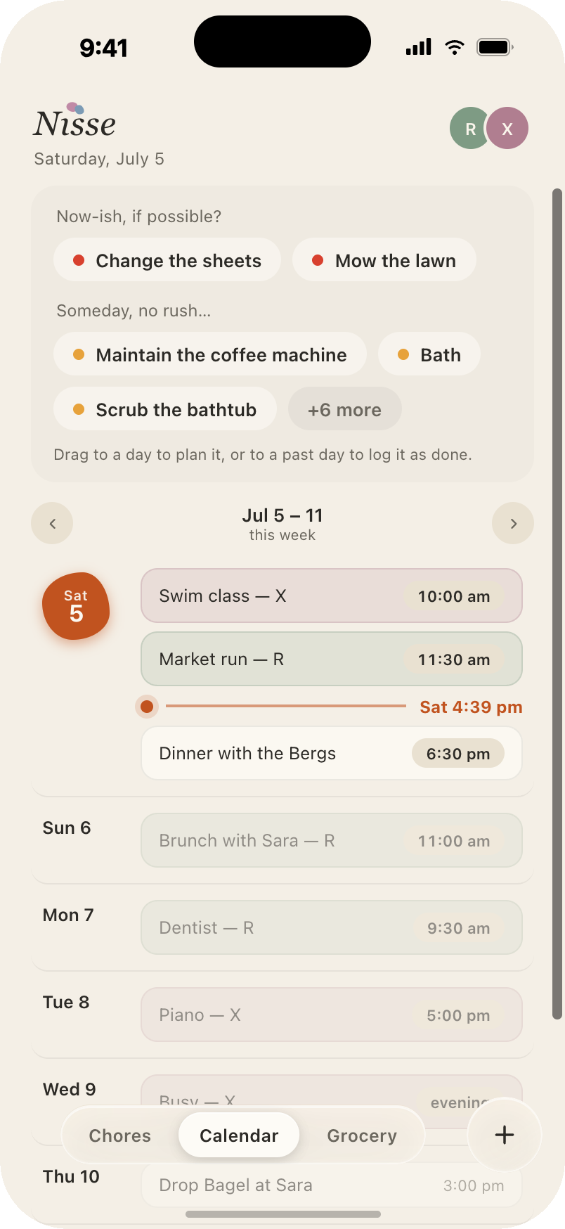 Calendar week strip: the unplanned tray on top, then Saturday through Friday with events, chores and busy blocks for both partners