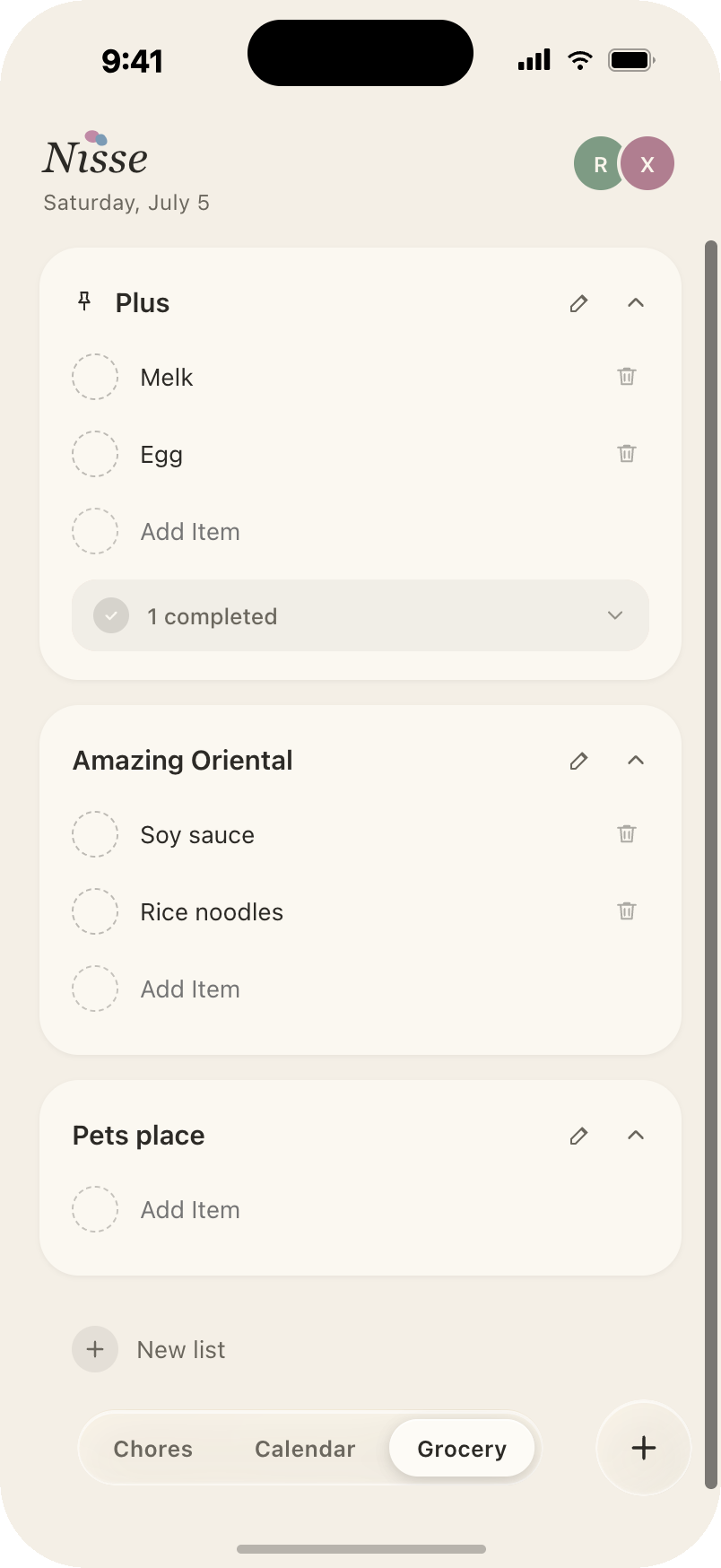 Grocery tab: three piles with items to check off, a completed drawer, and a new list button