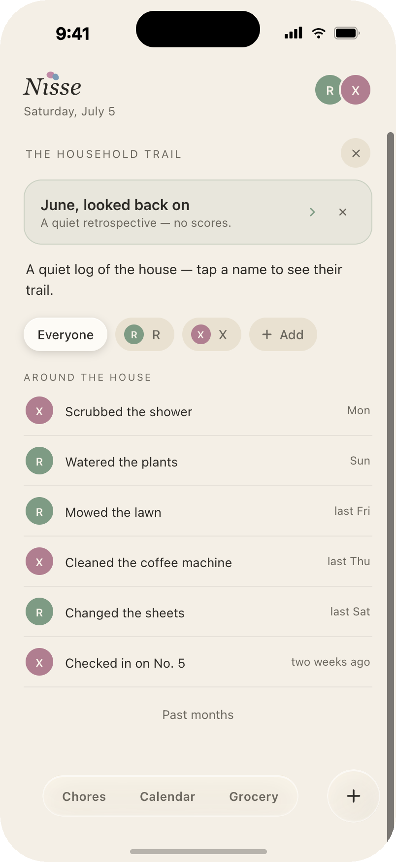 The household trail: who did what around the house, in order, with filters for everyone or one person