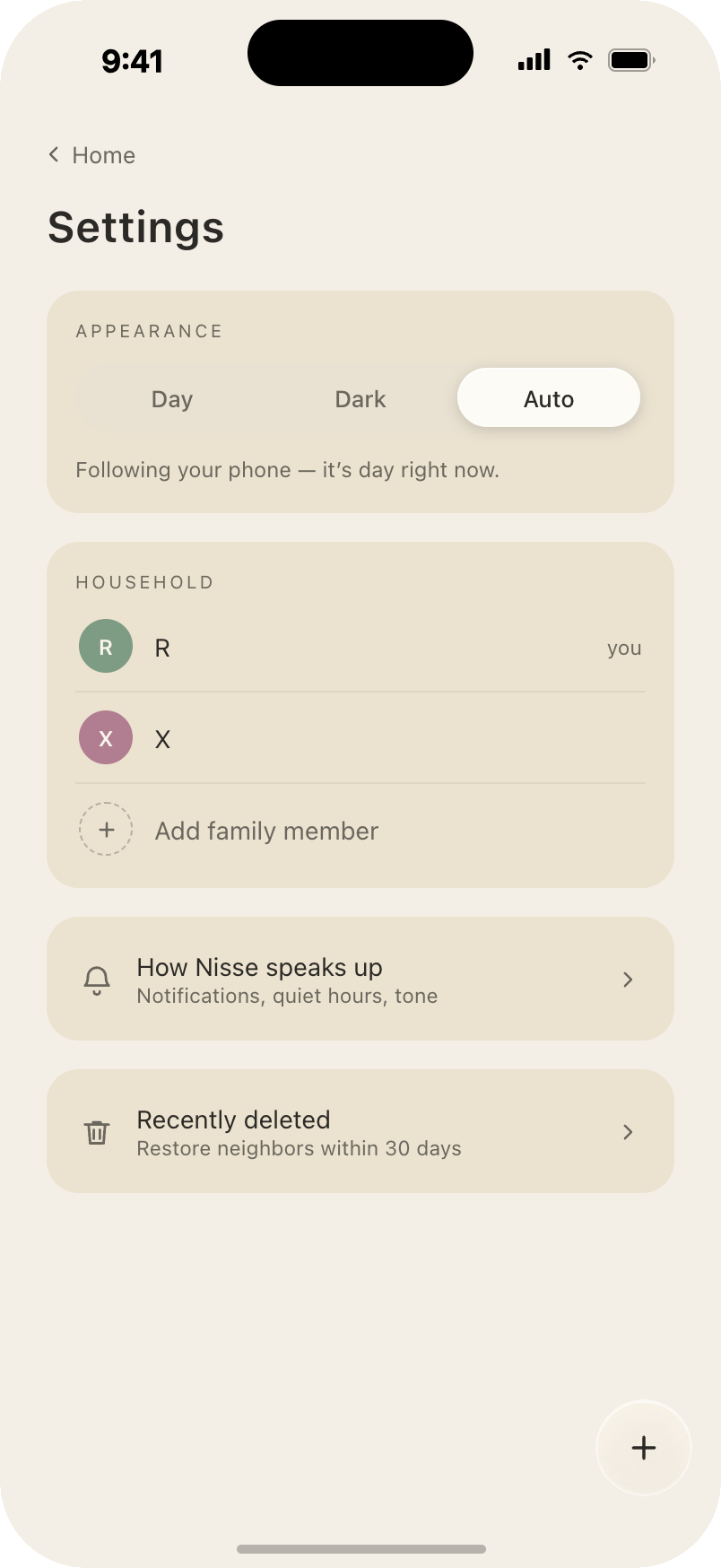 Settings: appearance following the phone, household members, and doors to how Nisse speaks up and recently deleted