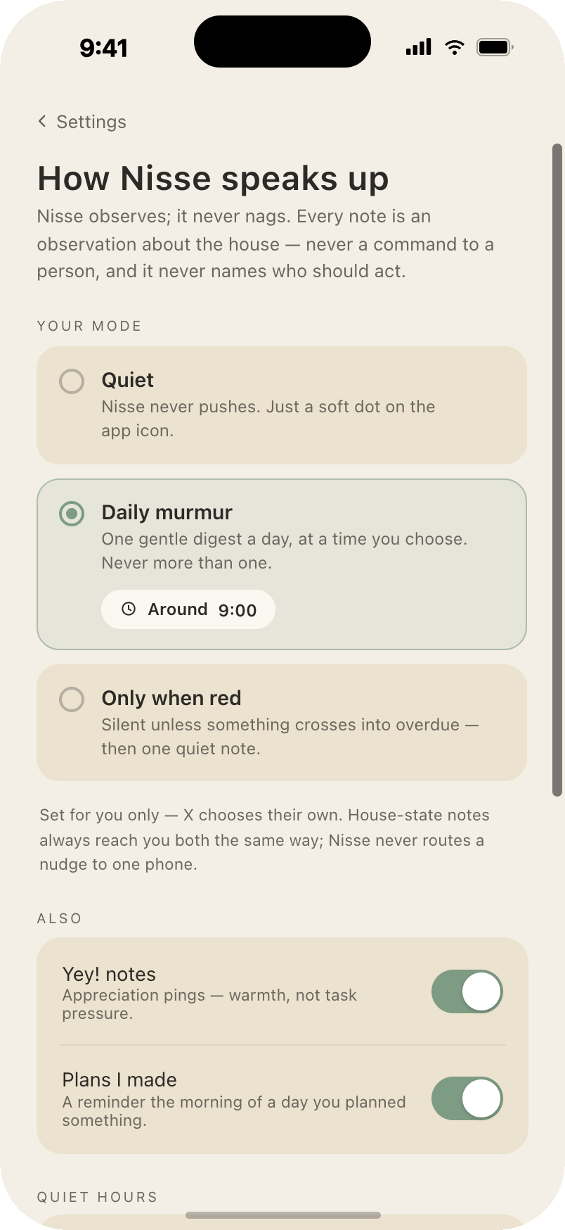 How Nisse speaks up: voice modes quiet, daily murmur and only when red, plus appreciation notes and quiet hours
