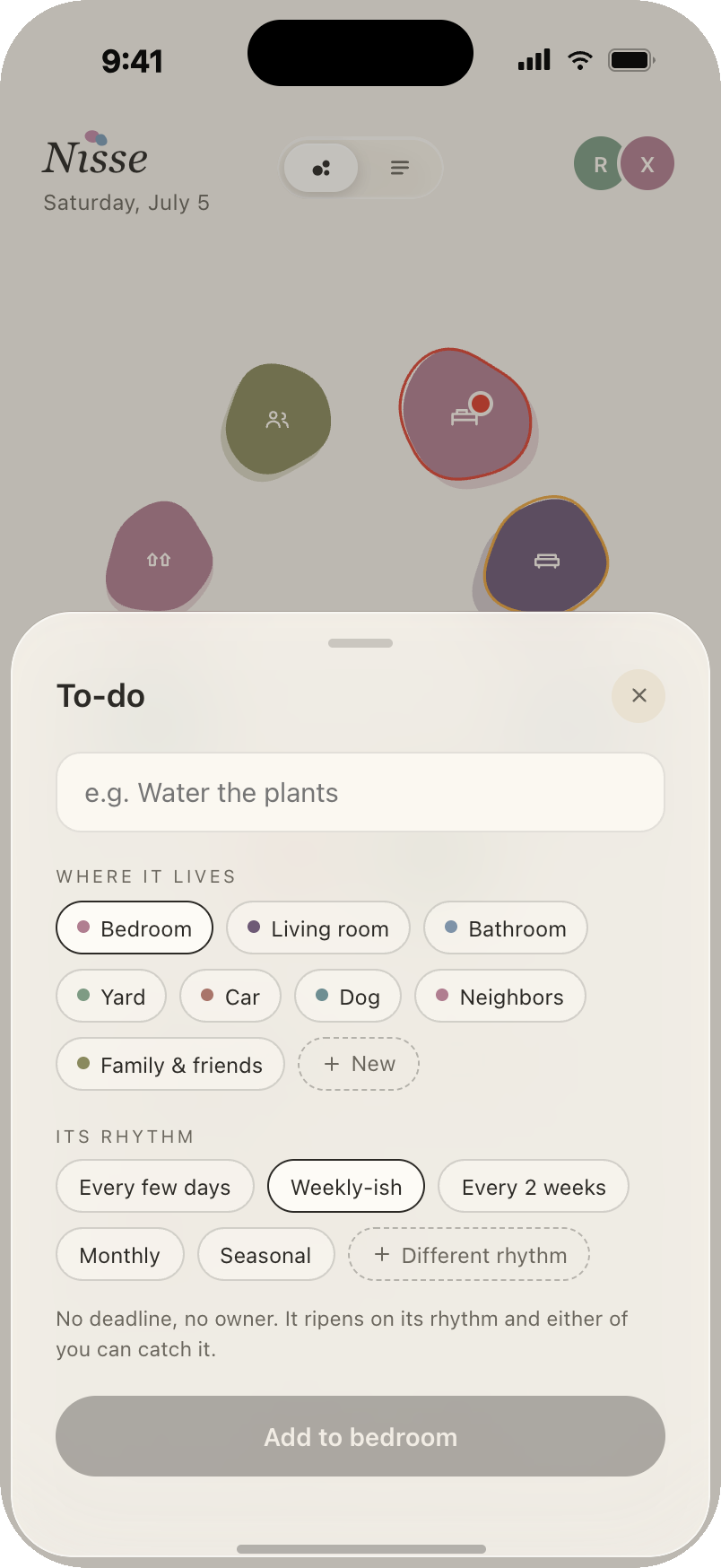 Add a to-do sheet: name, where it lives, and its rhythm. There is no deadline and no owner; it ripens on its rhythm and either of you can catch it