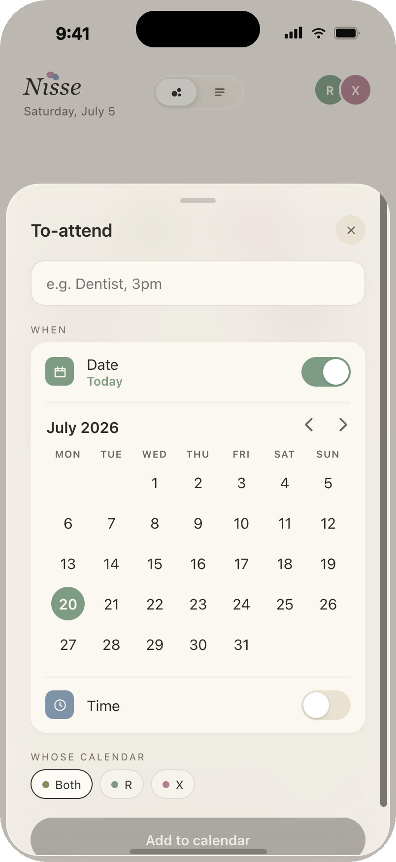 Add a to-attend sheet: title, date, time, whose calendar