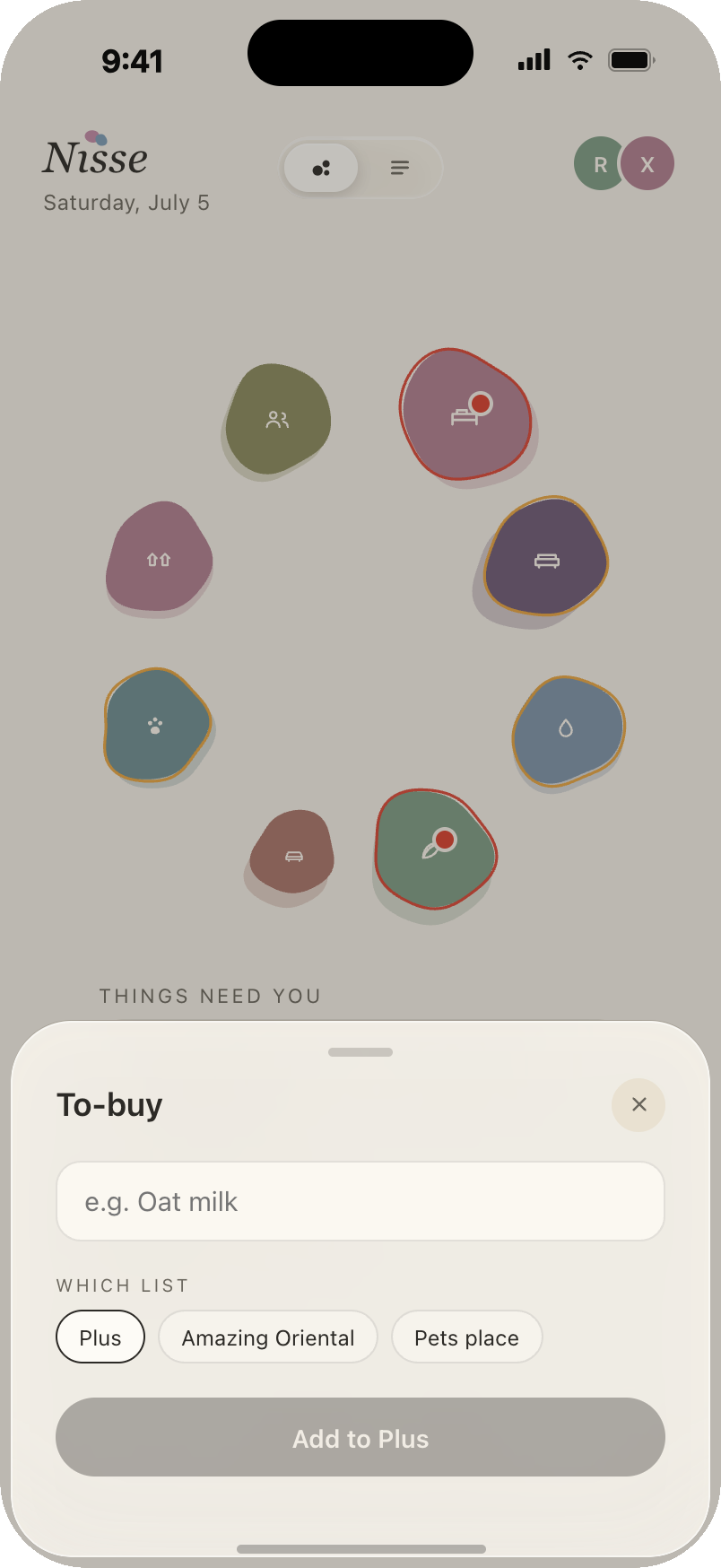 Add a to-buy sheet: an item and the pile it lands in