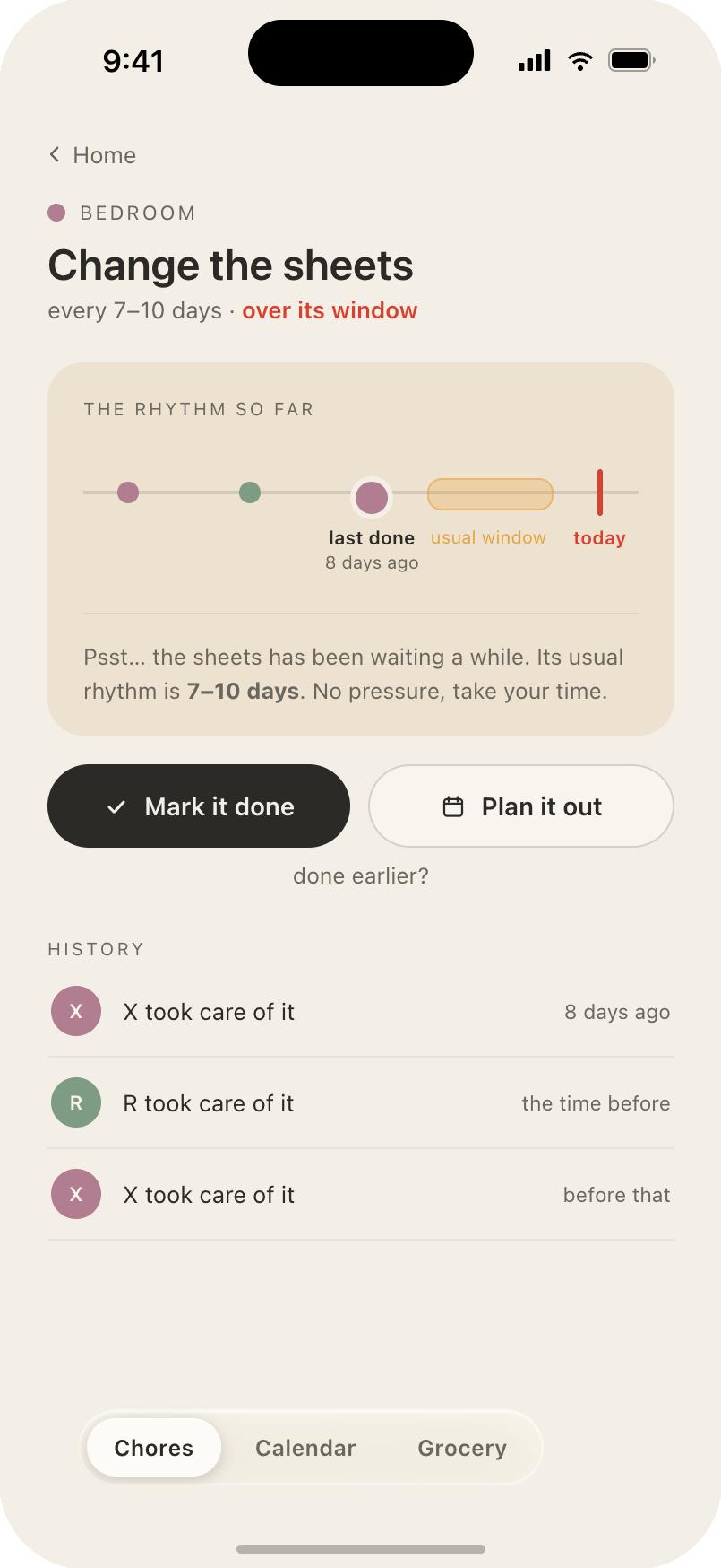 Chore detail for changing the sheets: the rhythm card with last done, usual window and today, plus mark it done, plan it out, and the attributed history