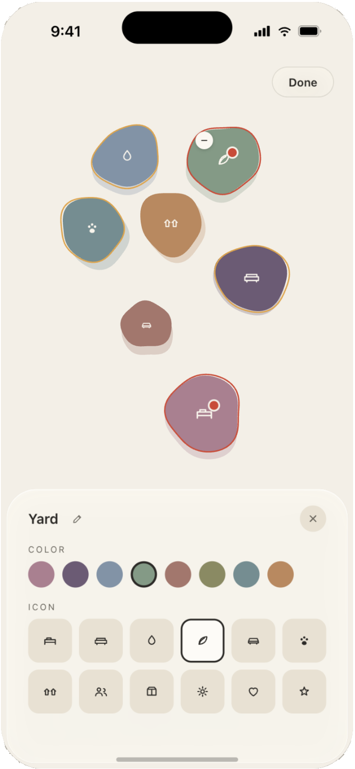 Arrange mode: zone blobs in edit state with a panel to rename a zone and pick its color and icon